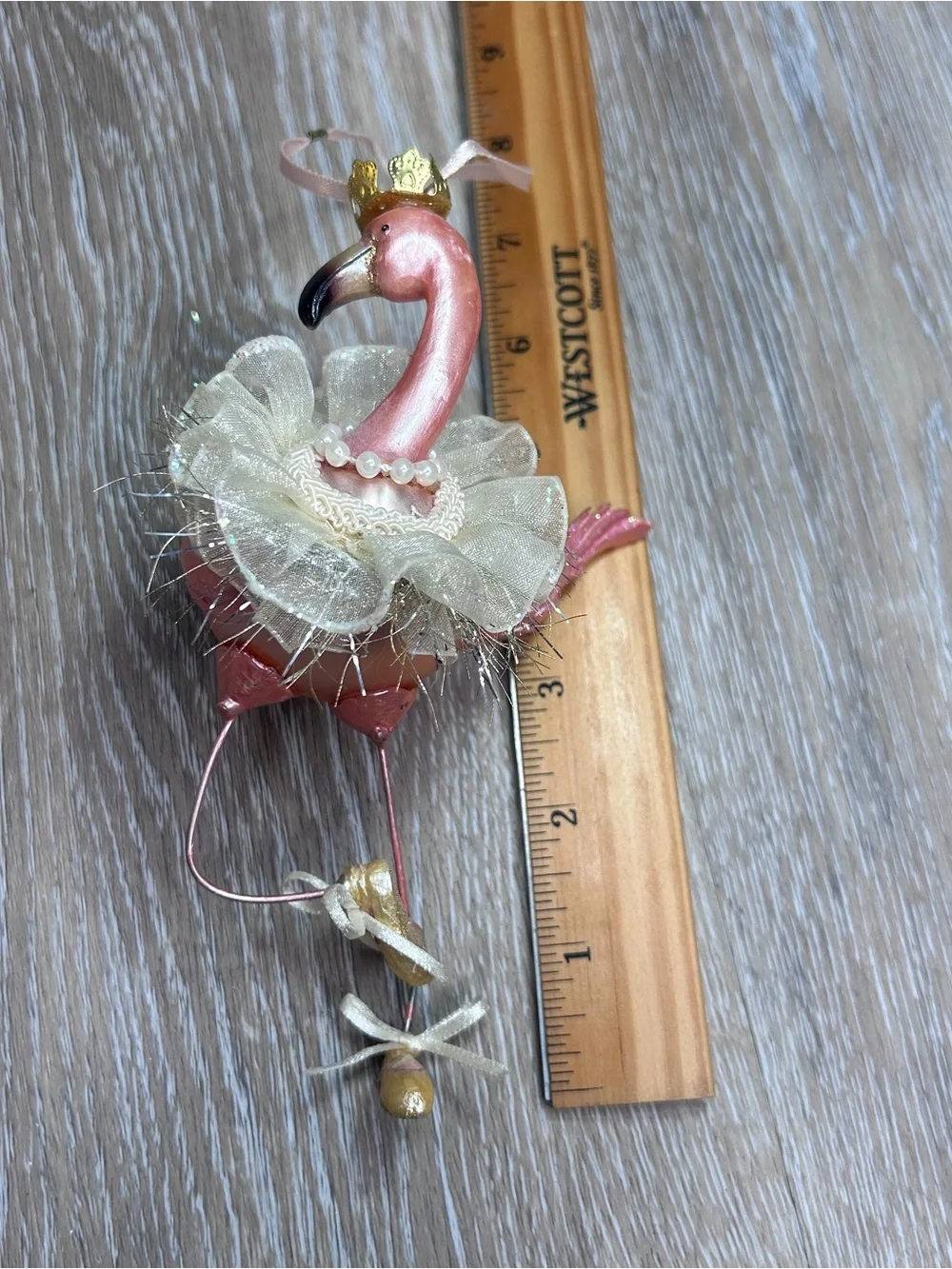 Vintage Pink Flamingo Ballerina Ornament with Cream Tulle Collar and Gold Crown